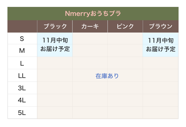 nmerry エヌメリー 5L カーキ、ブラウン ブラック在庫切れ